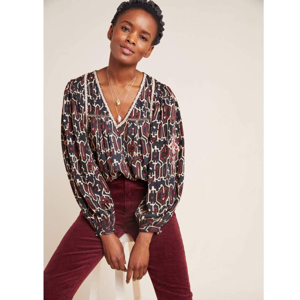 New Anthropologie Maeve Veda Embroidered Peasant Blouse $148 SMALL Brown Motif